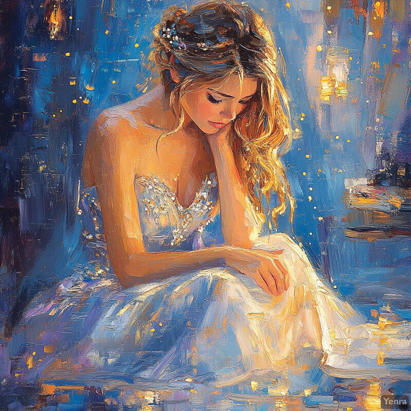 A serene and ethereal painting of a woman in a flowing white dress, surrounded by a subtle glow.