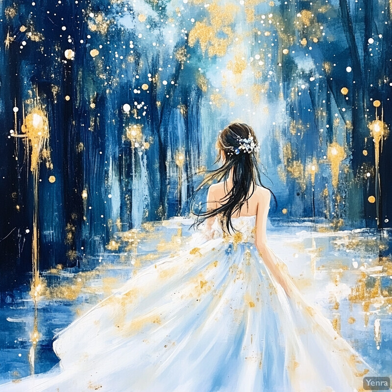 A serene forest scene featuring a woman in a white wedding dress standing amidst tall trees.