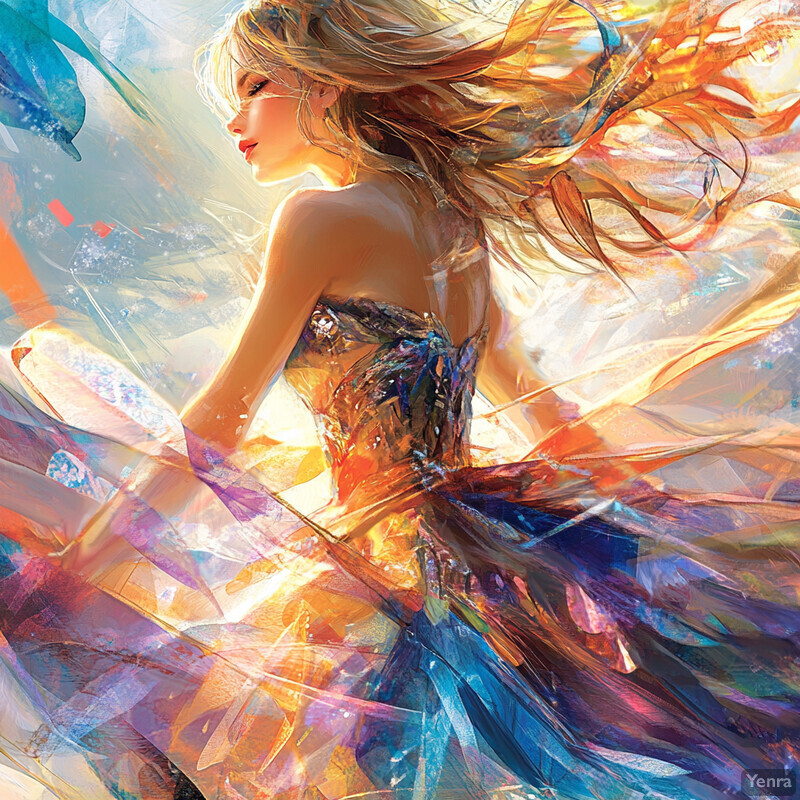 A woman with long blonde hair and a flowing dress, gazing over her left shoulder in an ethereal atmosphere.