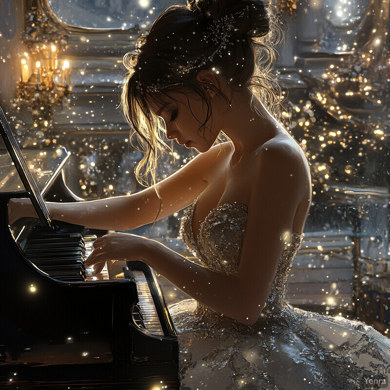 A woman plays a grand piano in an elegant ballroom setting, surrounded by opulent decorations and chandeliers.