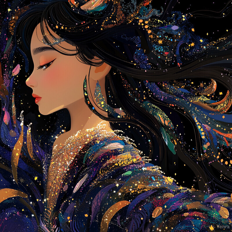 A woman with long, flowing hair and a starry night sky background