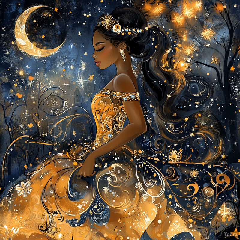 A serene and enchanting scene of a woman surrounded by celestial elements, set against a deep indigo background with bursts of starlight.