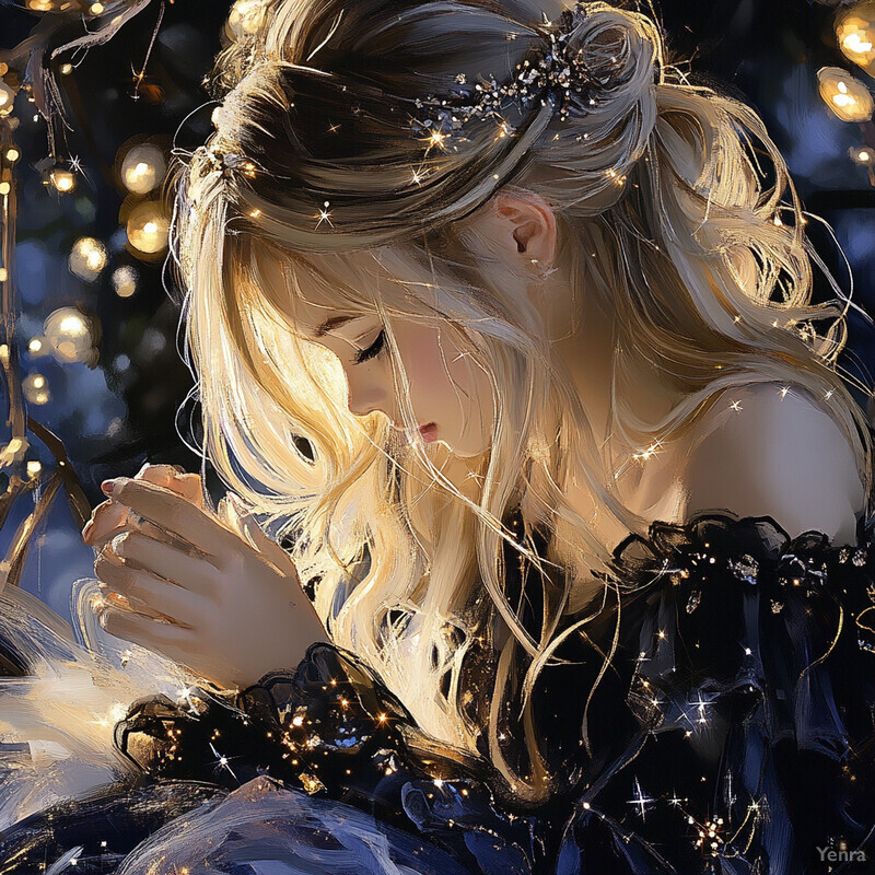 A serene and ethereal scene of a woman surrounded by celestial beauty.