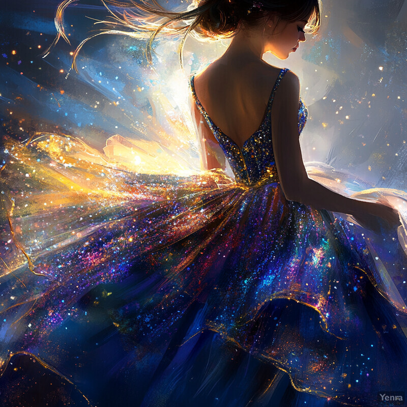 A woman in a blue dress with a celestial theme stands against a dark blue sky filled with stars.