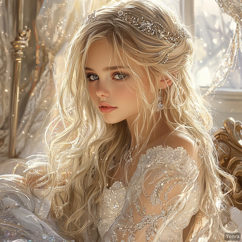 A serene and elegant young woman with long blonde hair and blue eyes, dressed in an ornate wedding gown and adorned with sparkling gems.