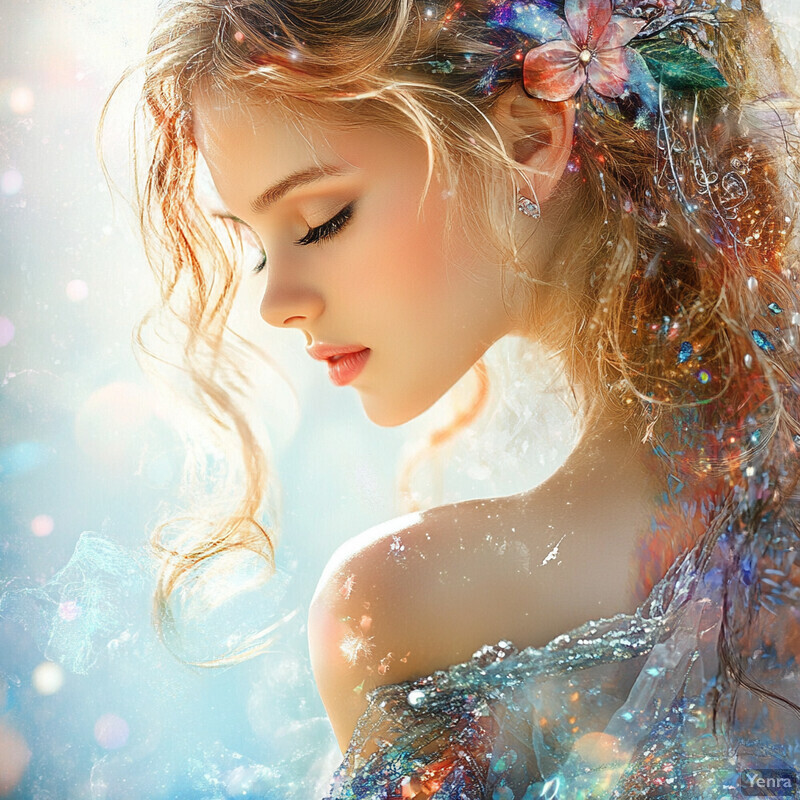 A young girl with long blonde hair and a sparkly dress surrounded by an ethereal glow.