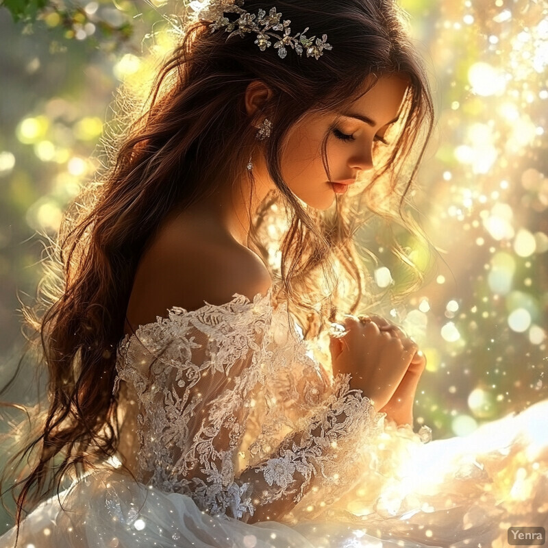 A serene and dreamy scene of a woman in a white wedding dress surrounded by lush greenery and soft light.