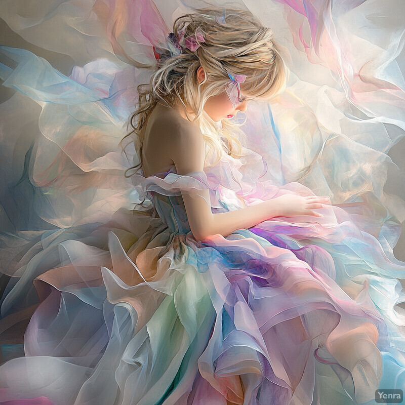 A young girl sits on the floor, lost in thought, wearing a flowing dress with layers of pastel-colored ruffles and tulle.