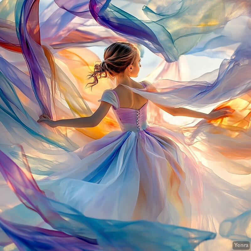 A young girl in a purple dress surrounded by flowing fabric.