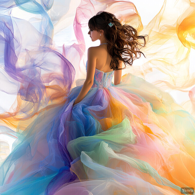 A woman in a pastel-colored ball gown poses confidently in front of a white background with subtle wispy shapes.