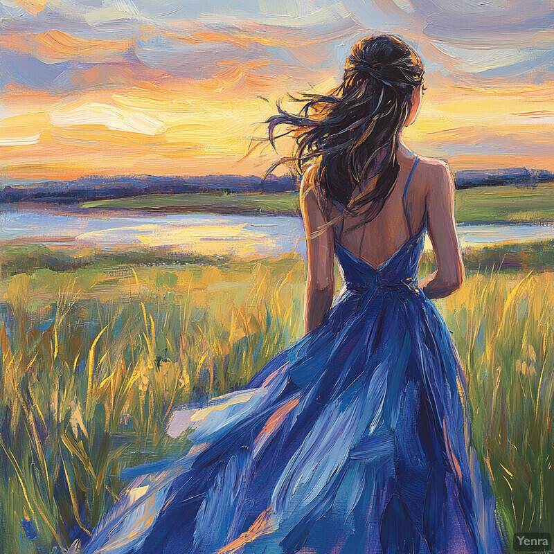 A serene and idyllic scene of a woman standing in a field at sunset