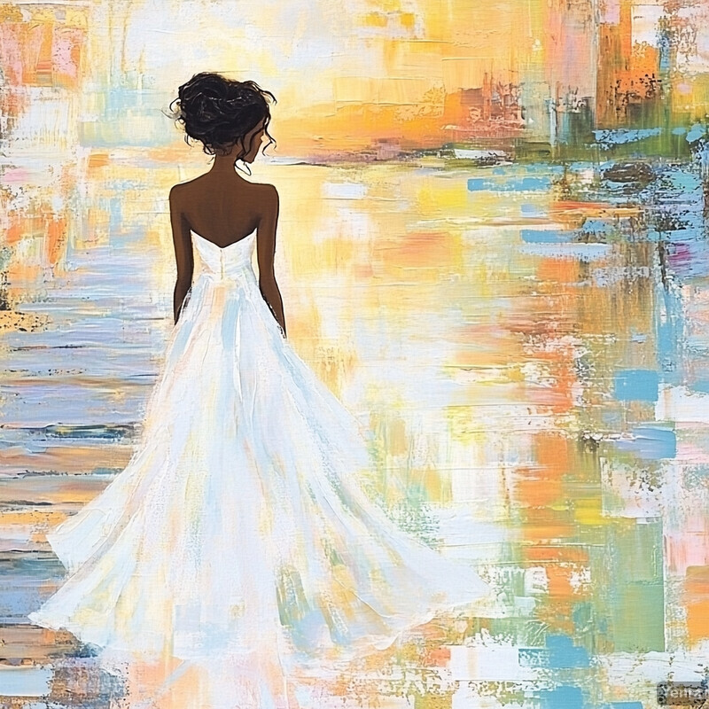 A woman in a white dress stands on a beach or shore, facing away from the camera towards a vibrant sunset sky.