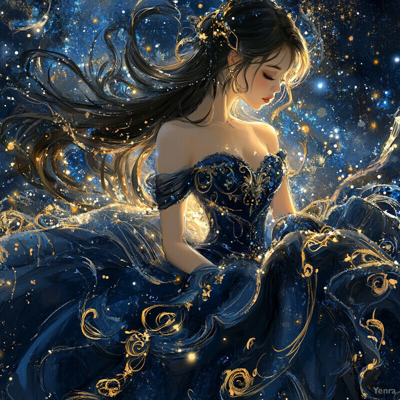 A woman in a blue dress with gold accents stands against a starry night sky.