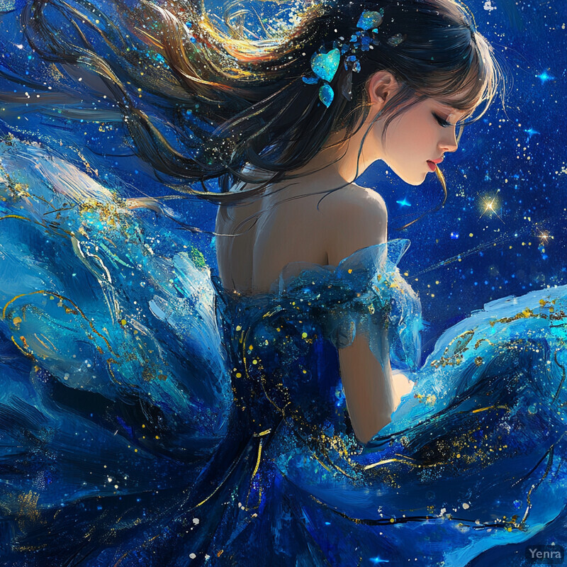 An elegant woman in a blue dress stands against a serene sky