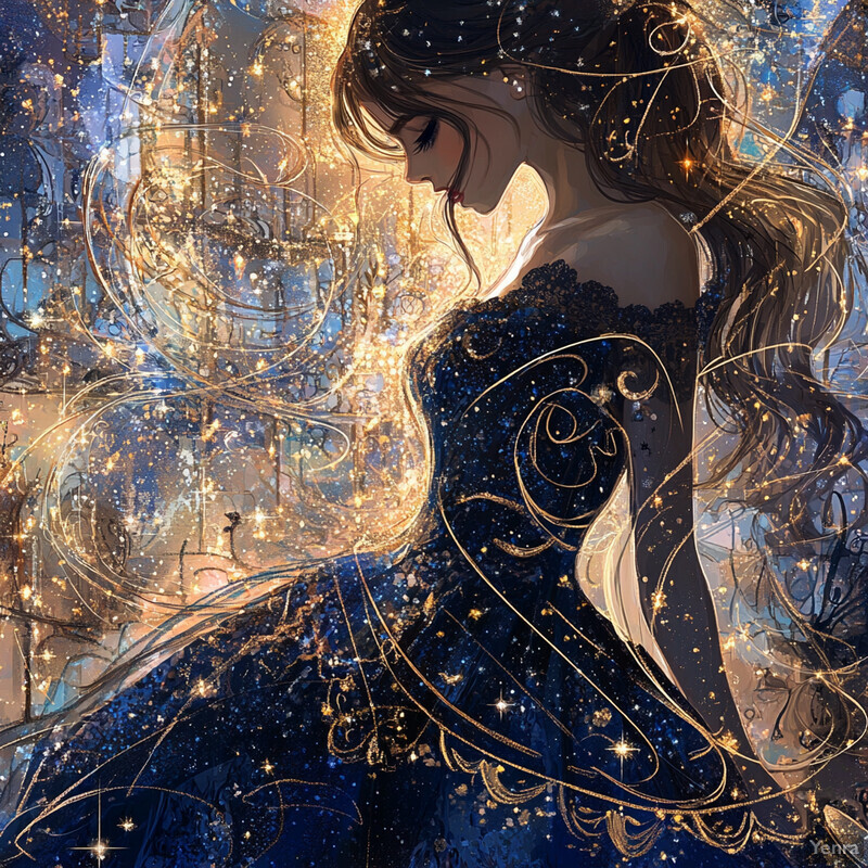 An elegant woman in a dark blue dress with gold accents, surrounded by celestial patterns and sparkling jewels.