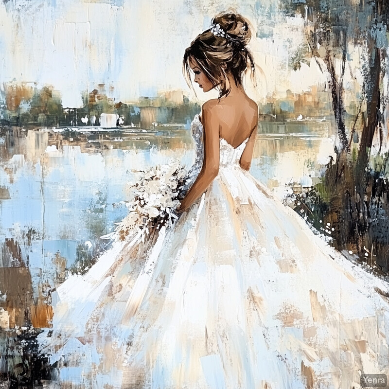 A serene and idyllic scene of a woman in a wedding dress standing by a body of water, surrounded by lush greenery.