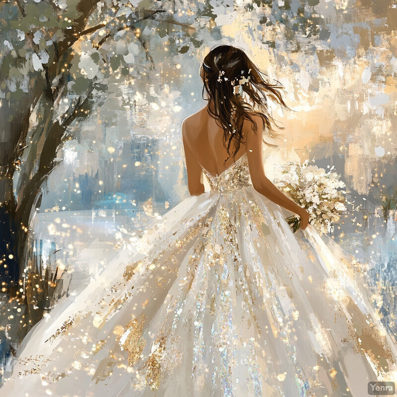 A woman in a wedding dress stands under a tree, holding a bouquet of white flowers.