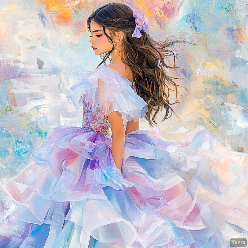 A young woman in a stunning purple ball gown stands confidently in front of a soft, pastel-colored background.