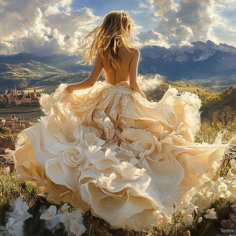 A woman stands on a rocky outcropping, gazing at a distant town in her flowing white gown