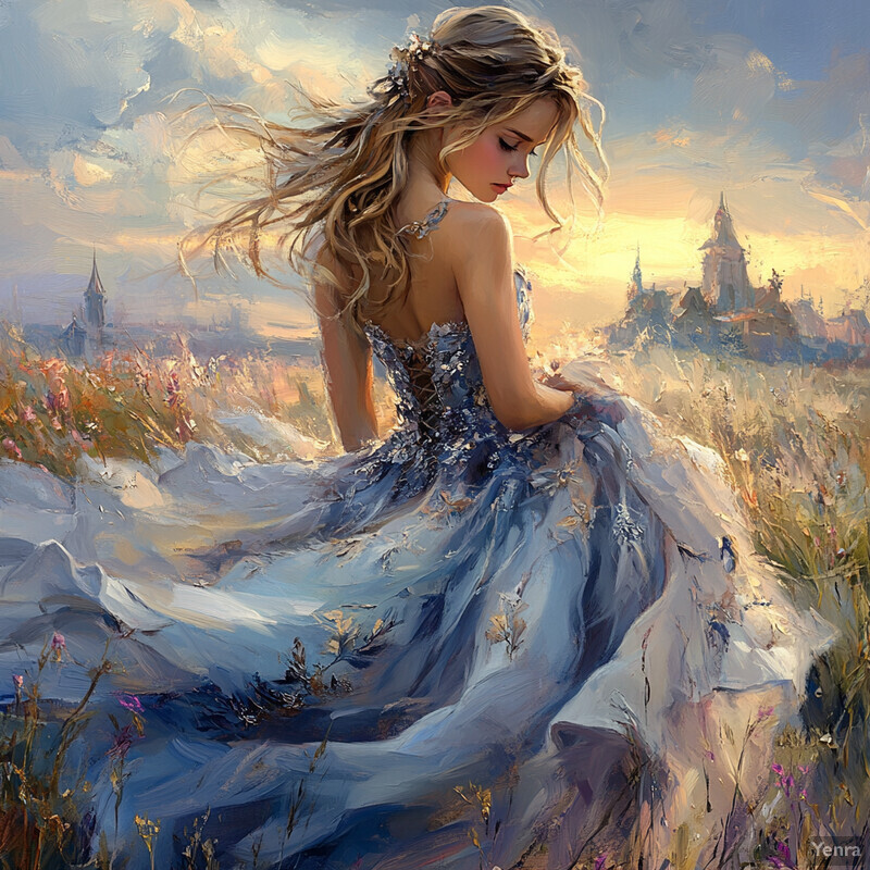 A young woman in a blue dress stands amidst wildflowers with a castle in the background