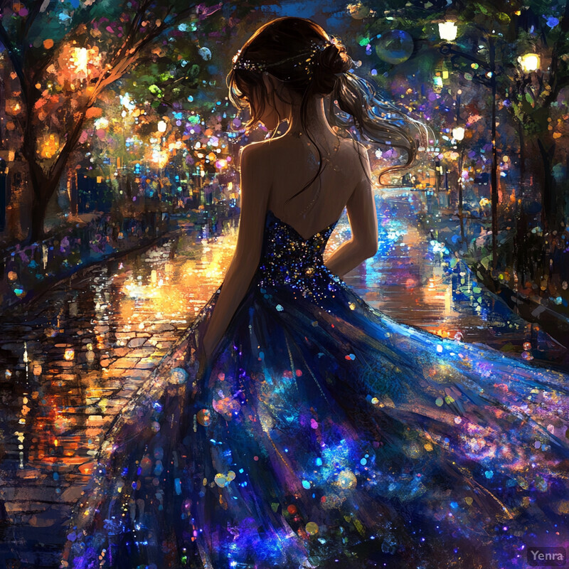 A woman stands on a wet street at night, wearing a stunning blue dress and gazing out into the distance.