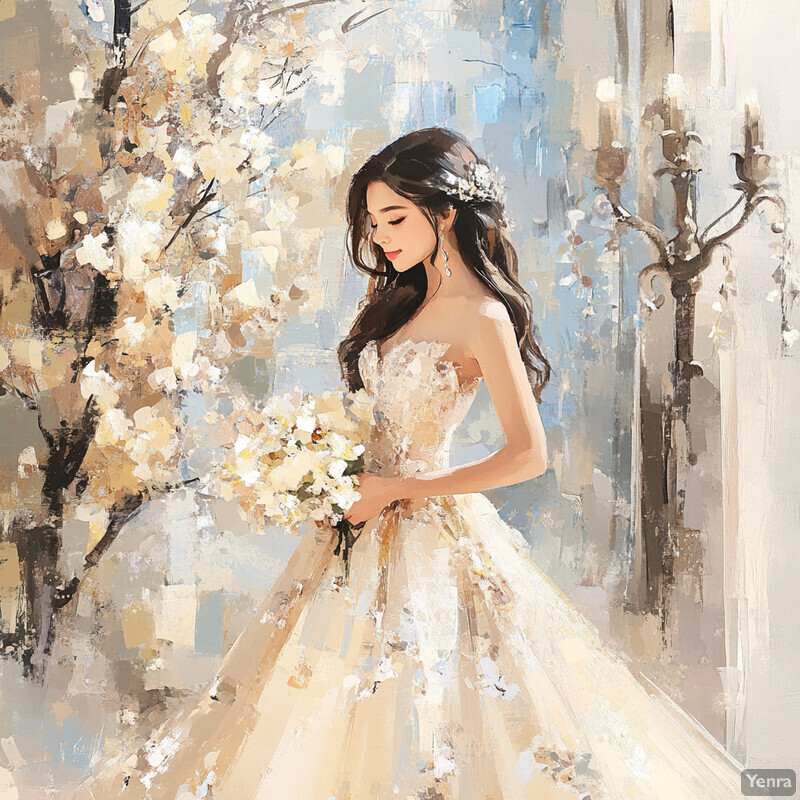 A woman in a wedding dress holding flowers stands in front of trees with white blossoms, surrounded by soft colors and bold brushstrokes.