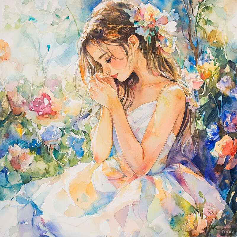 A serene and enchanting watercolor painting of a woman surrounded by flowers in full bloom.