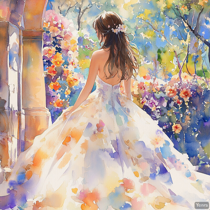 A serene and enchanting scene of a woman in a wedding dress standing amidst a lush garden filled with vibrant flowers.