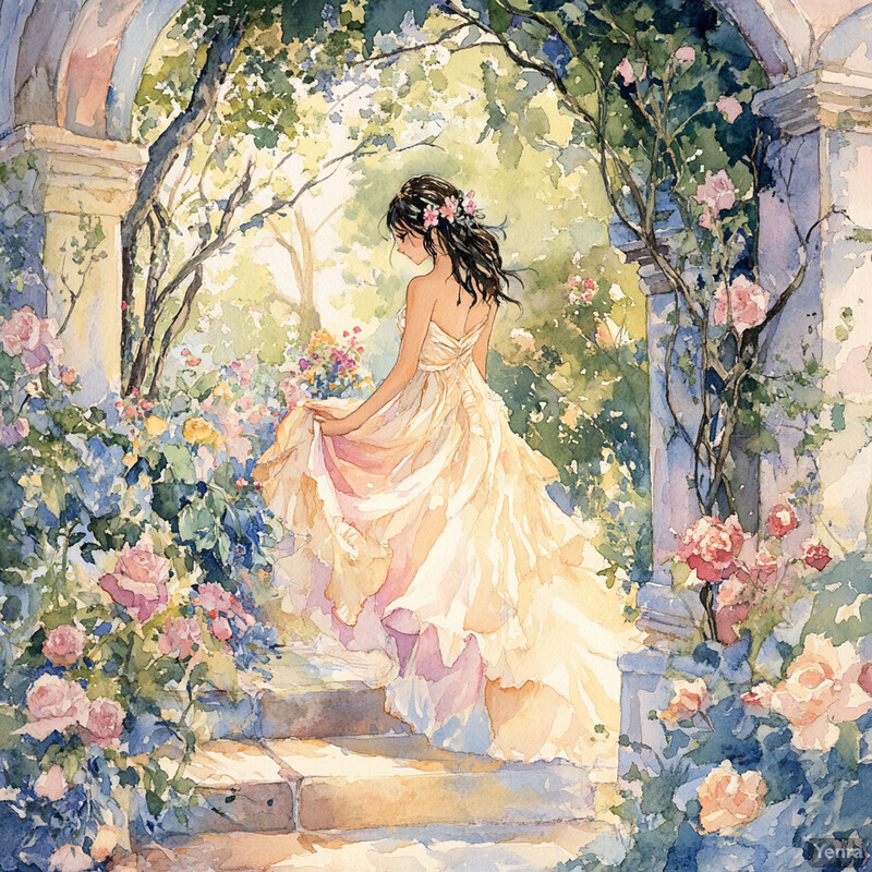 A serene scene of a woman in a white dress standing on stone steps surrounded by lush greenery and vibrant flowers.