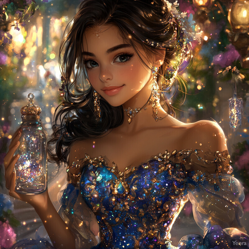 A woman holds an enchanted elixir in a glass bottle, surrounded by lush forest scenery.