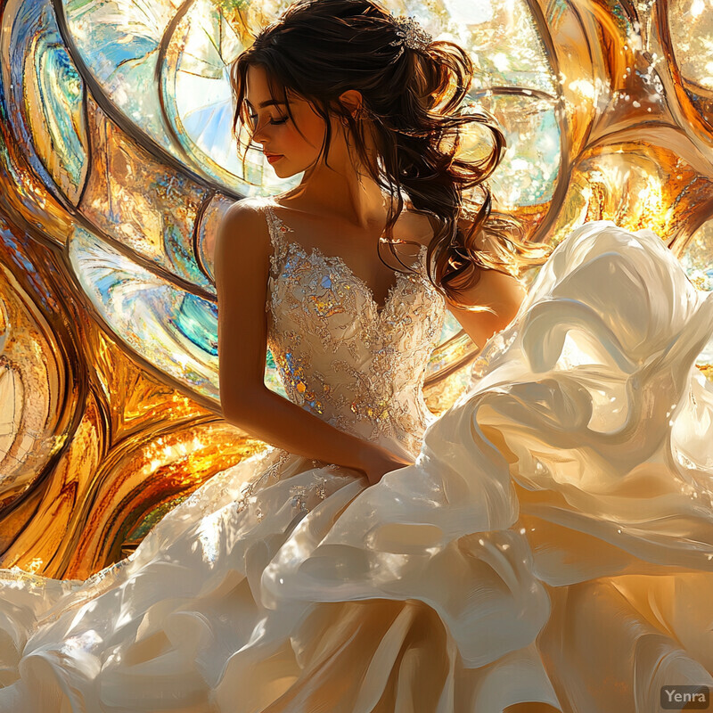 A woman in a stunning wedding dress stands before a vibrant stained glass window, surrounded by a kaleidoscope of colors.