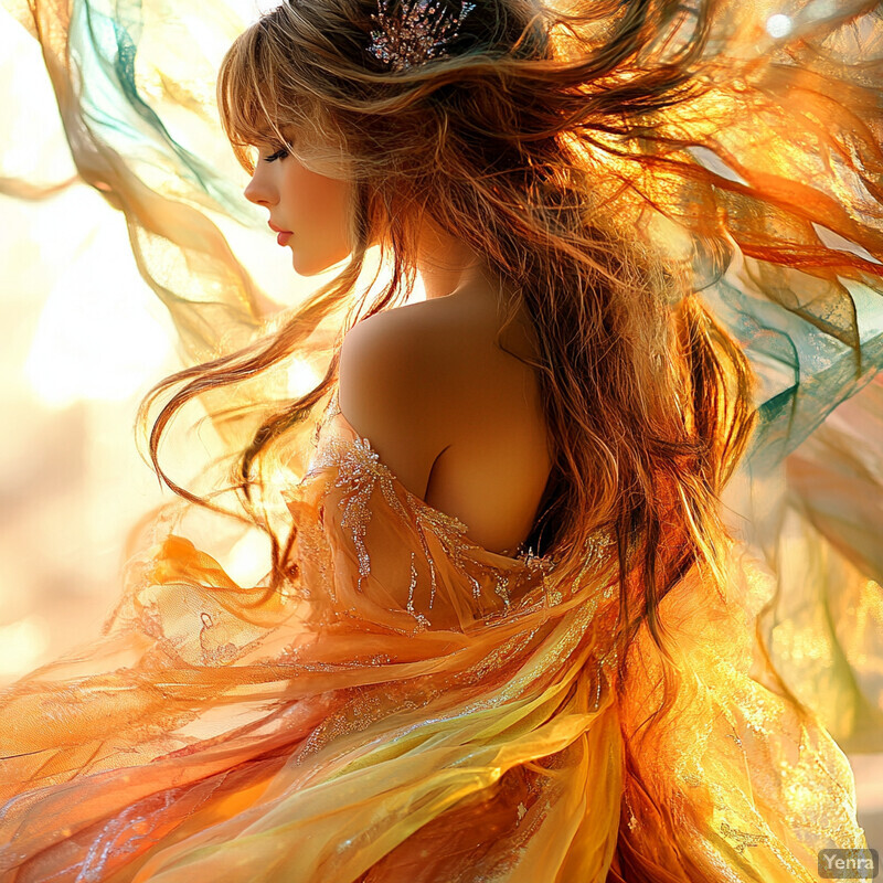 A serene and elegant woman with long brown hair and an orange-yellow dress stands in front of a blurred background.