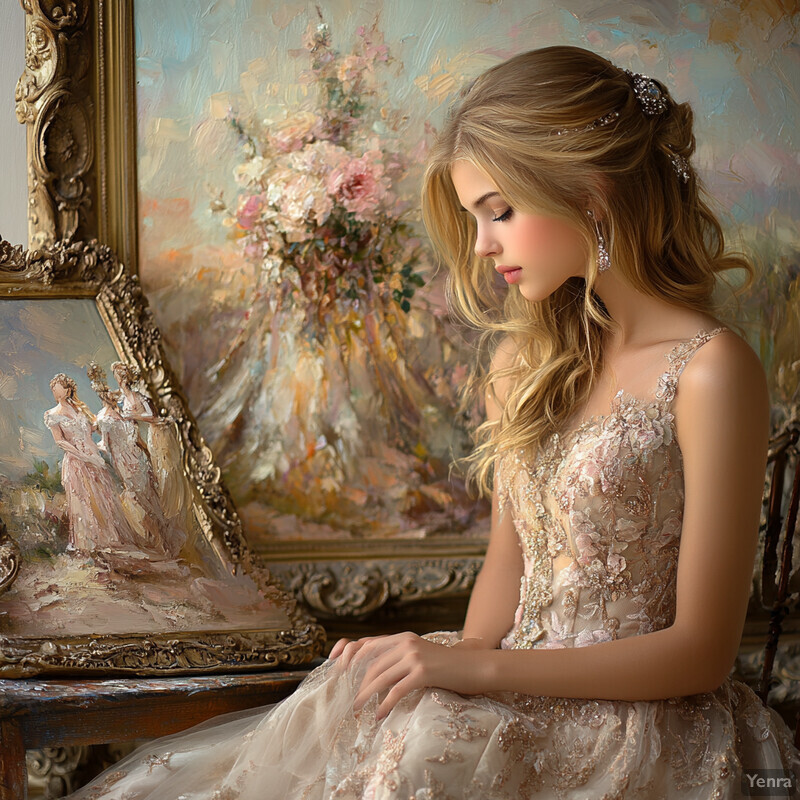 A young girl in an elegant white dress sits on a wooden chair, surrounded by a soft color palette.