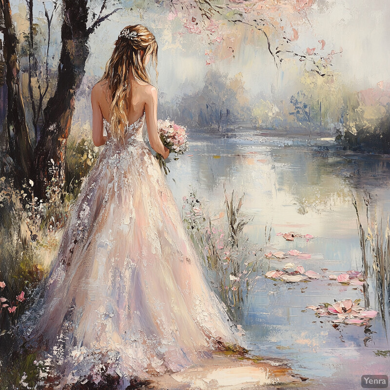 An oil painting of a woman in a wedding dress standing by a lake