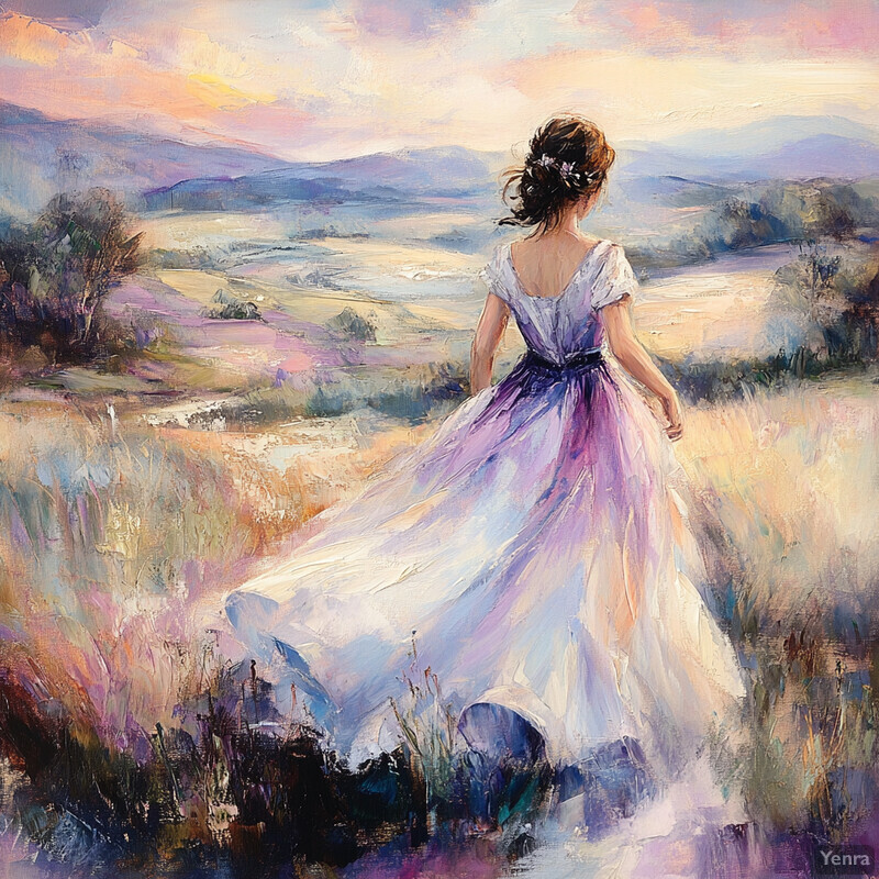 A serene and dreamy scene of a woman walking through a field at sunset.