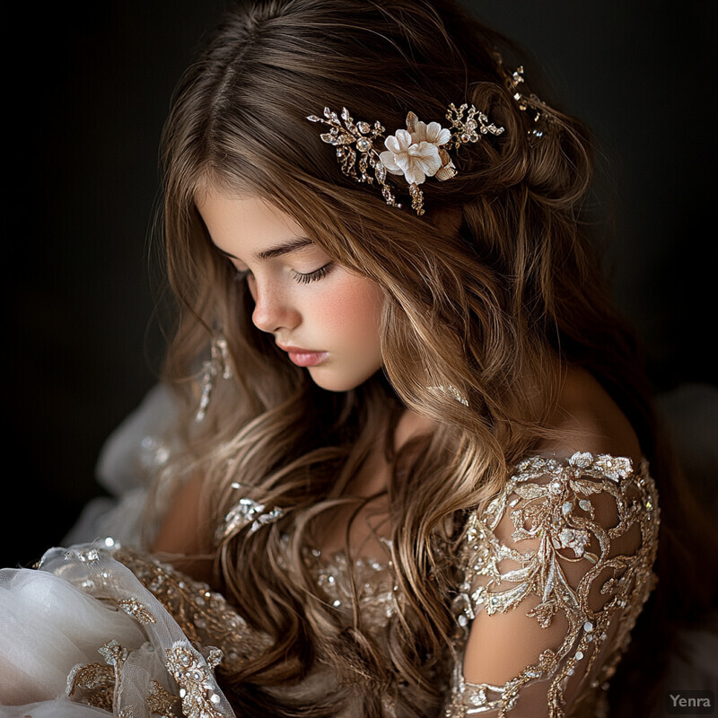 A young girl in a stunning wedding dress stands against a green backdrop.