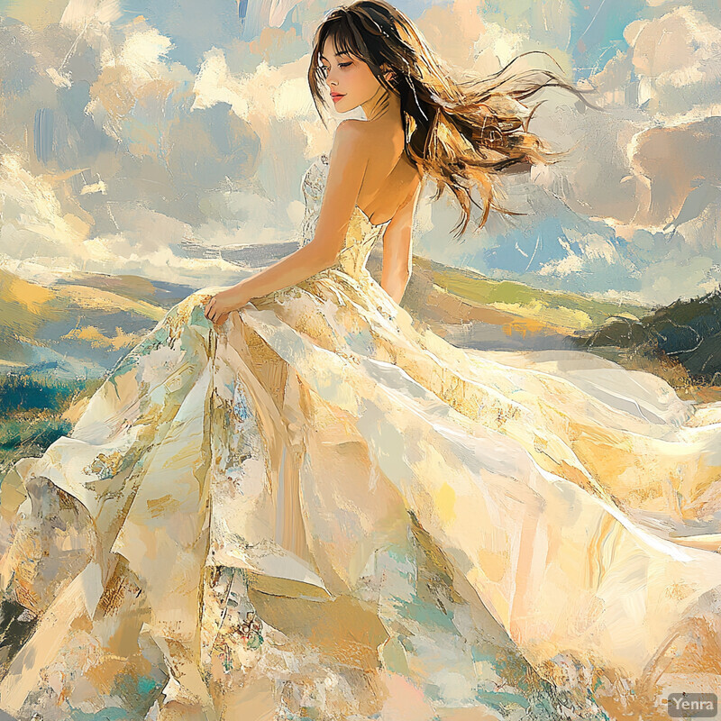 A woman in a flowing white dress stands on a rocky outcropping overlooking a vast landscape.