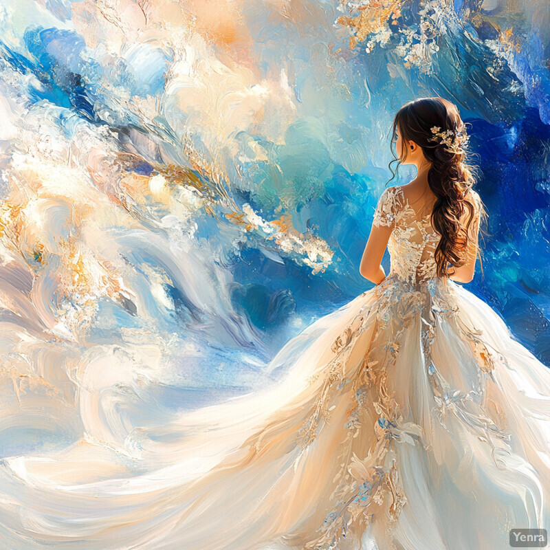 A woman in a wedding dress stands against a blue sky with white clouds and gray wisps.