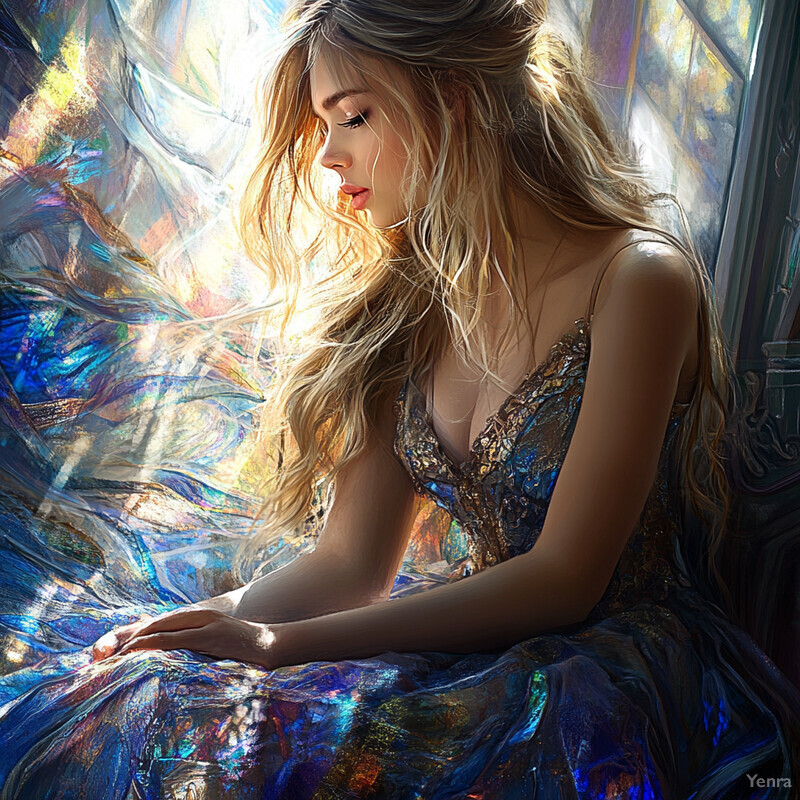 A woman with long blonde hair and a blue dress sits by a window, gazing out at the cityscape.