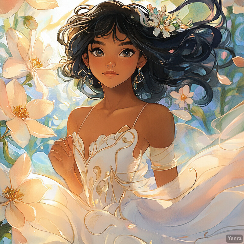 A young woman with dark hair and brown skin is depicted in a white dress amidst a serene natural setting.