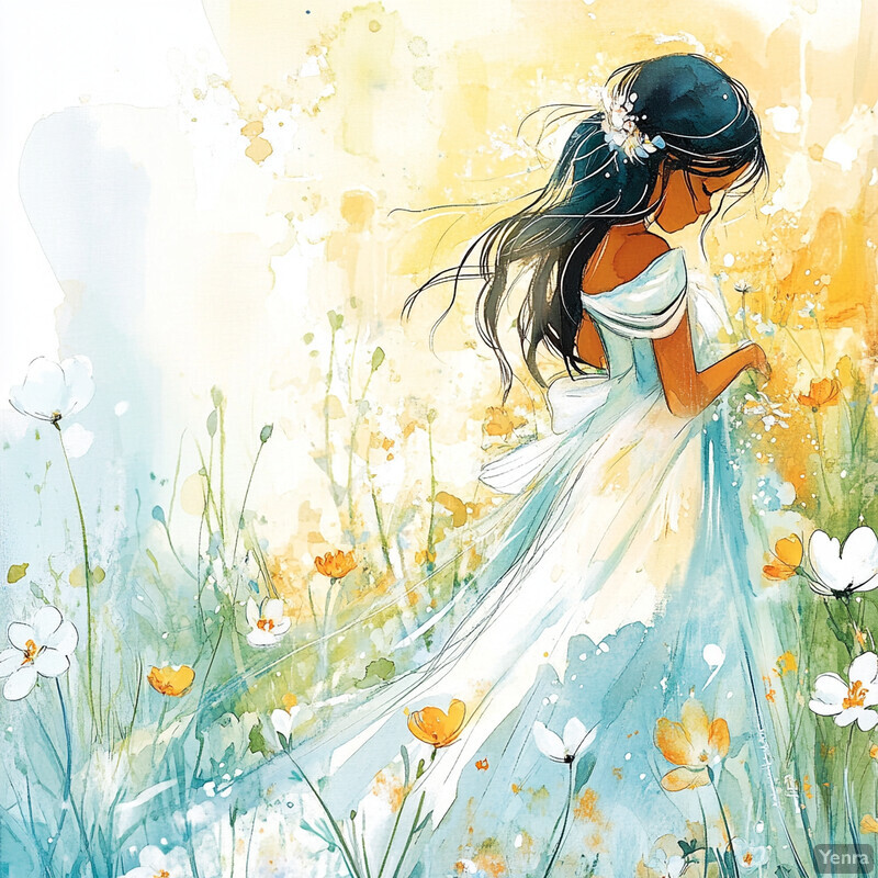 A serene and dreamy scene of a woman in a flowing white dress standing amidst a field of wildflowers