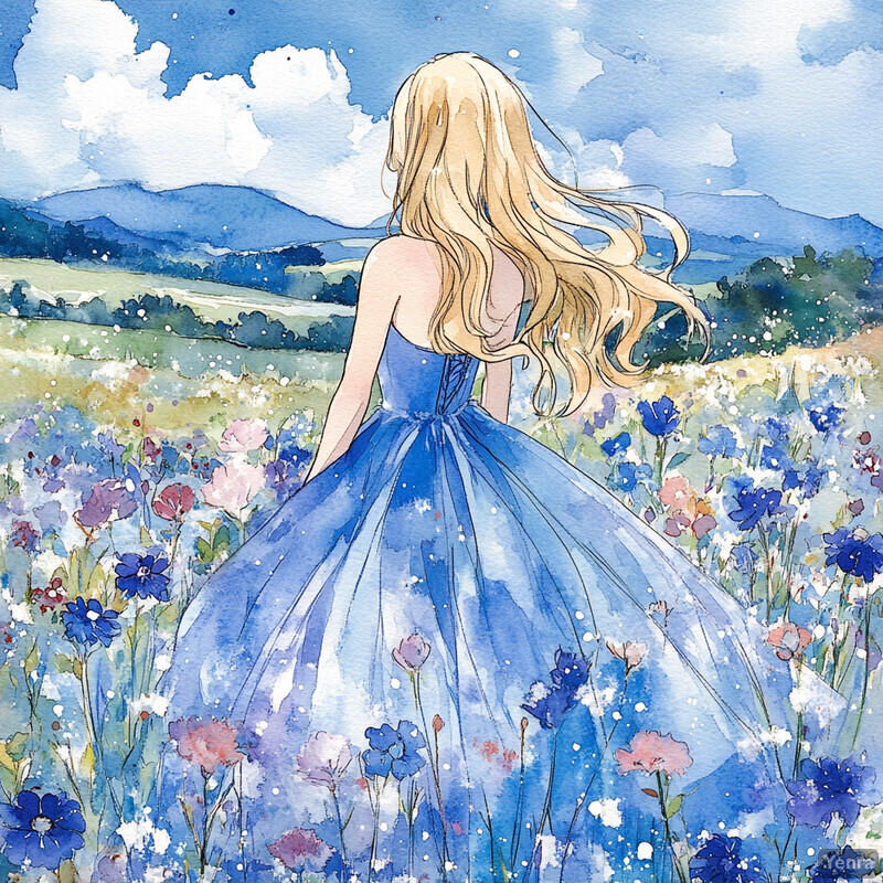 A woman stands in a field of wildflowers, gazing out at a beautiful landscape.