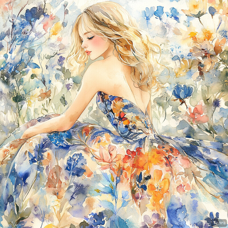 A serene depiction of a woman surrounded by flowers and a small patch of sky.