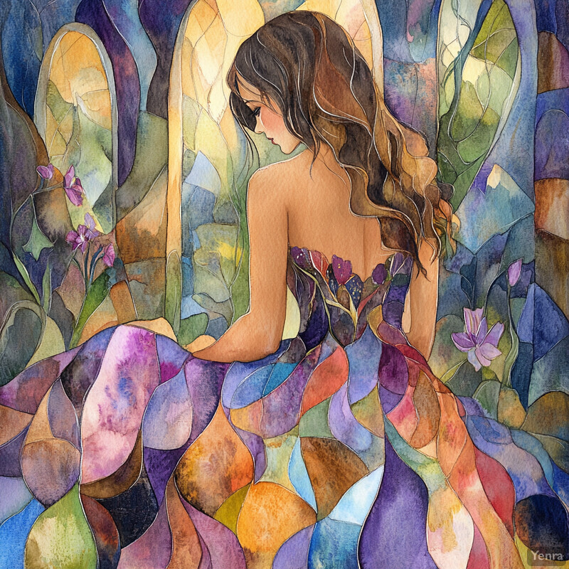 A woman with long brown hair and a purple dress standing in front of a colorful floral background.