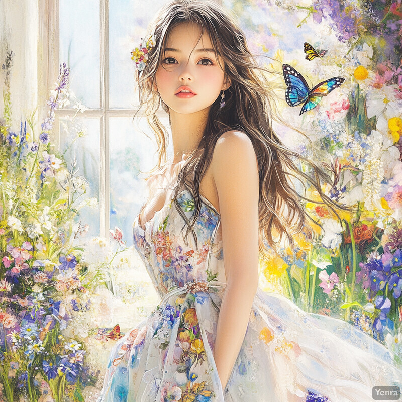 A serene and idyllic scene of a young woman standing amidst a lush garden filled with vibrant flowers and towering trees.