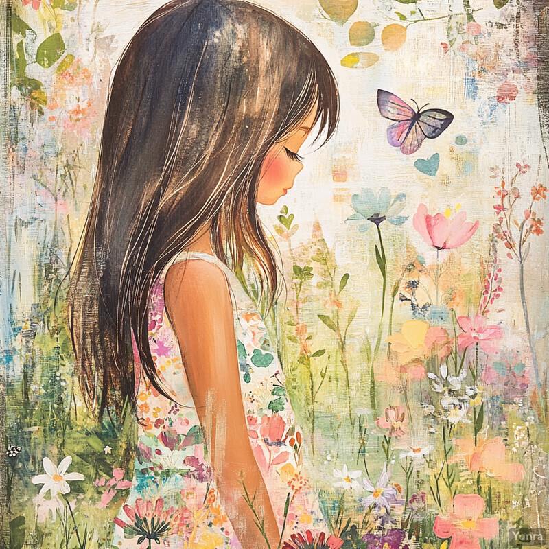 A young girl stands in a lush garden, surrounded by vibrant flowers and foliage.