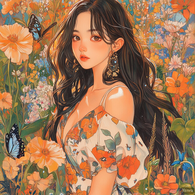 A young woman stands amidst a field of flowers, surrounded by vibrant colors and lush vegetation.