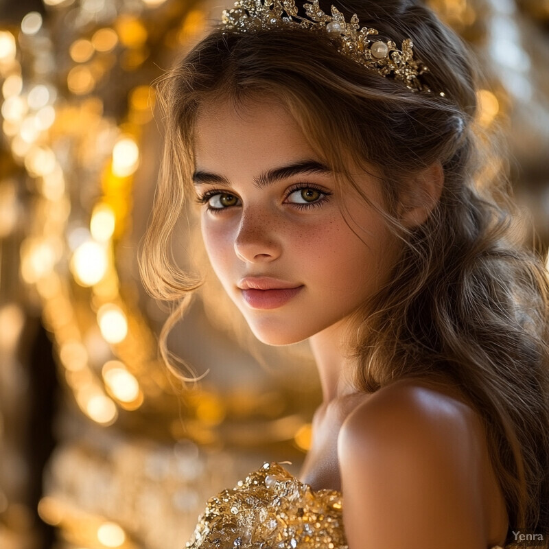 A young girl in a gold dress and crown stands against a blurred background.