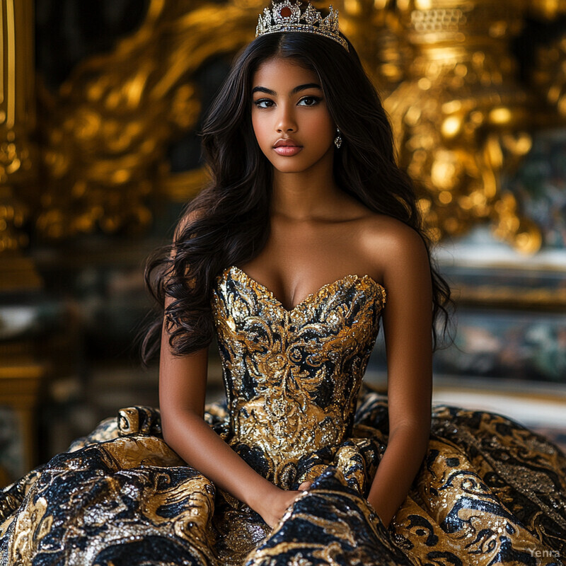 A young woman in an elaborate gold and black gown with a matching crown