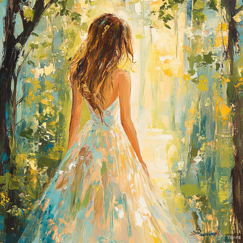 A serene and tranquil scene featuring a woman in a light blue dress standing in front of trees with yellow leaves.